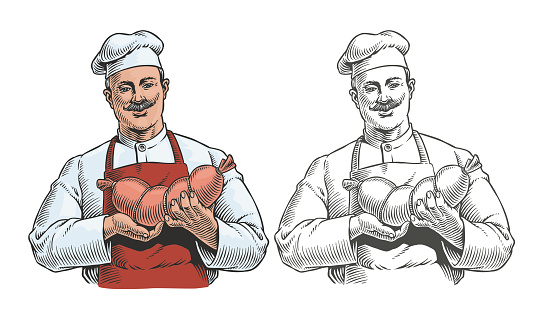 Butcher holds a sausage isolated on white background. Meat factory production man worker portrait. Chef in uniform and apron. Engraving or etching style vector illustration.
