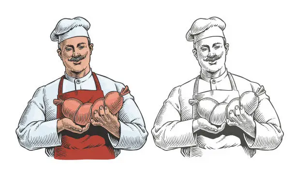 Vector illustration of Butcher holds a sausage isolated on white background. Meat factory production man worker portrait. Chef in uniform and apron. Engraving or etching style vector illustration.