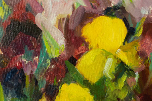 Irises yellow oil painting. Abstract artistic multicolored background. stock photo