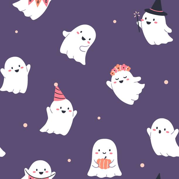 Halloween seamless pattern with cute ghost characters Halloween seamless pattern with cute ghost characters cute ghost stock illustrations