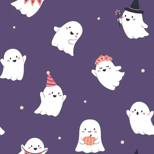 Vector illustration of Halloween seamless pattern with cute ghost characters