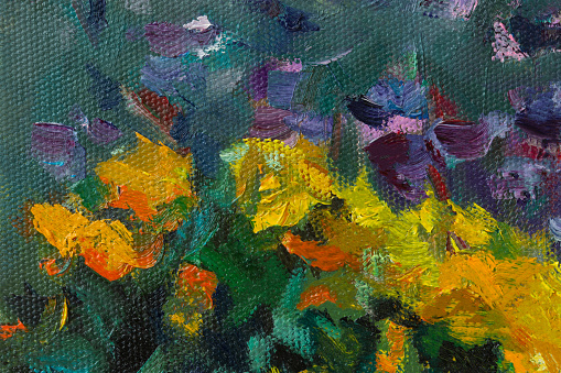 Abstract flowers oil painting. Summer evening floral background. Yellow and purple asters bloom in the garden. Author's illustration with oil paints on canvas. Unusual bright contrasting pattern.