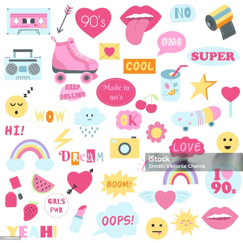 Fashion Collection Of 90s Girly Stickers Vector Illustration Of Hand Drawn  Patches Pins In Pink Color Nostalgia 1990 Stock Illustration - Download  Image Now - iStock