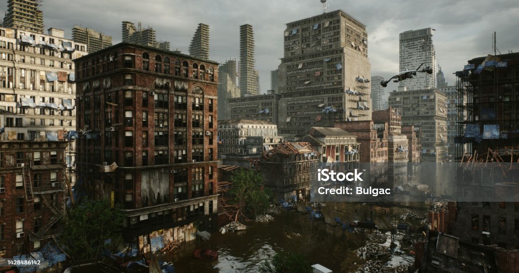 Post-Apocalyptic Ruined Cityscape Digitally generated post-apocalyptic scene depicting a desolate urban landscape with tall buildings in ruins and mostly cloudy sky.

The scene was created in Autodesk® 3ds Max 2023 with V-Ray 6 and rendered with photorealistic shaders and lighting in Chaos® Vantage with some post-production added. Artificial Intelligence Stock Photo