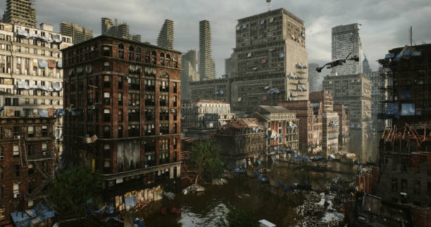 Post-Apocalyptic Ruined Cityscape Digitally generated post-apocalyptic scene depicting a desolate urban landscape with tall buildings in ruins and mostly cloudy sky.

The scene was created in Autodesk® 3ds Max 2023 with V-Ray 6 and rendered with photorealistic shaders and lighting in Chaos® Vantage with some post-production added. extinct stock pictures, royalty-free photos & images