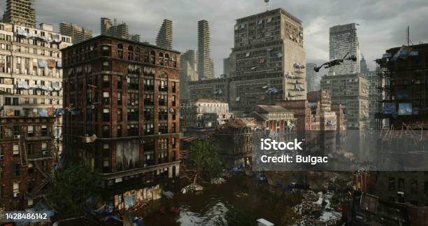 Postapocalyptic Ruined Cityscape Stock Photo - Download Image Now - Artificial Intelligence, Extinct, People