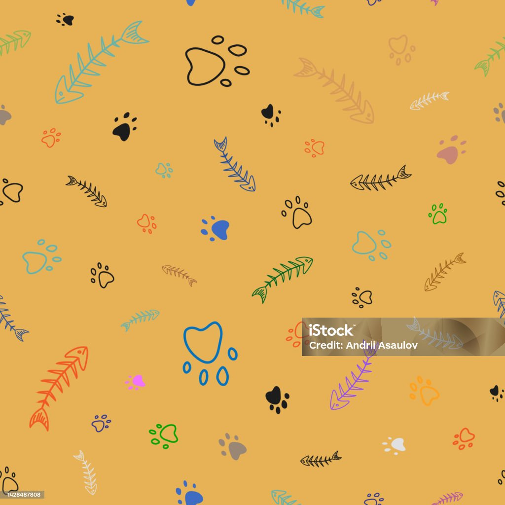 Fish Paw Pattern Seamles Vector Pattern With Colored Paw Prints And Fish Skeleton Cats ...