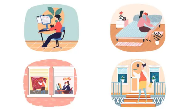 Vector illustration of Scenes set of daily leisure and work activities performing by female. Bundle of everyday routine