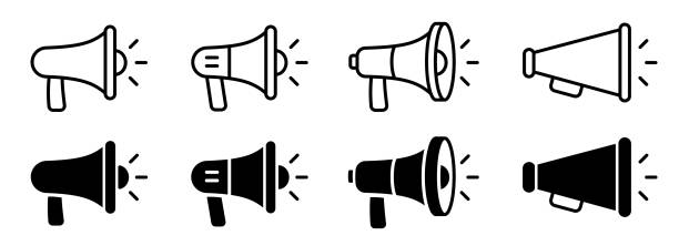 megaphon-symbol-set für lautsprecher. megaphon-symbol eingestellt. elektrisches megaphon mit ton oder marketingwerbung. megaphon-symbol, lautsprecher-symbol - megafon stock-grafiken, -clipart, -cartoons und -symbole