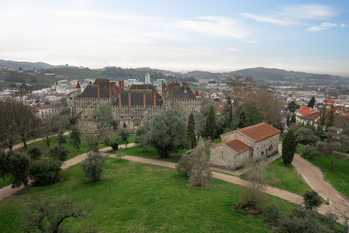 Aerial view of Sacred Hill with Palace of the Dukes of Braganza and Church of Sao Miguel do Castelo - Guimaraes, Portugal
