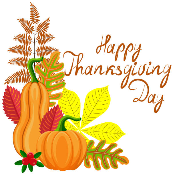 istock Happy Thanksgiving Day, pumpkins, red berries, autumn leaves, isolated on white background. 1428492436