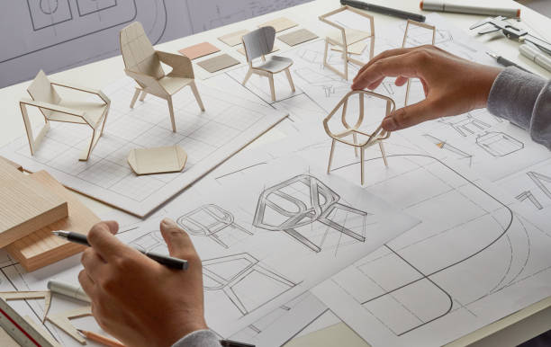 istock Designer sketching drawing design development product plan draft chair armchair Wingback Interior furniture prototype manufacturing production. designer studio concept . 1428504788