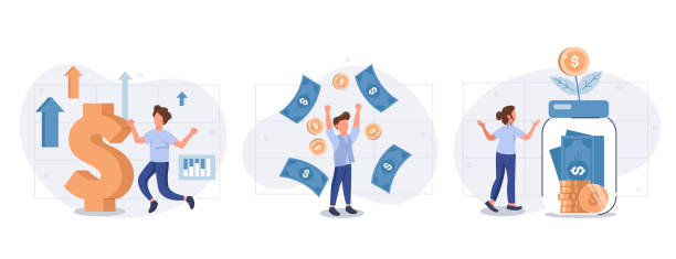 istock Passive income illustration set. Characters enjoying financial freedom and independence. Successfully and free of debts people planning budget. Vector illustration. 1428505141