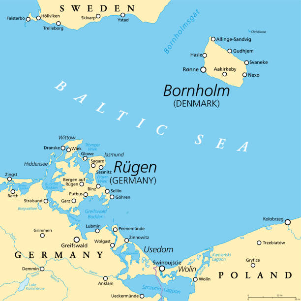 political map of danish island bornholm, and german island ruegen - nord stream stock illustrations