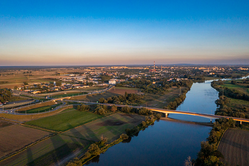 Aerial view at dusk of the bridge over the Odra River on the northern bypass of Opole.