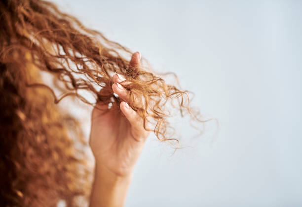 Portrait of woman with natural, damaged hair and curly hair. Girl with fingers in tips to show damage from hair treatment, split ends and dry hair. Hair products, care and repair for healthy hair Portrait of woman with natural, damaged hair and curly hair. Girl with fingers in tips to show damage from hair treatment, split ends and dry hair. Hair products, care and repair for healthy hair frizzy stock pictures, royalty-free photos & images