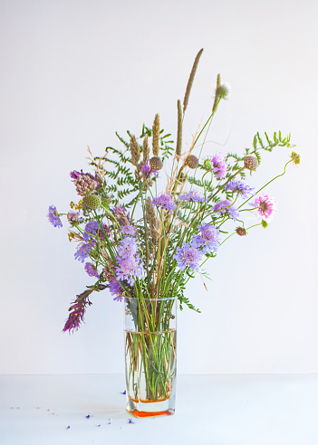 Rich bouquet of beautiful wildflowers in a glass vase on white background.