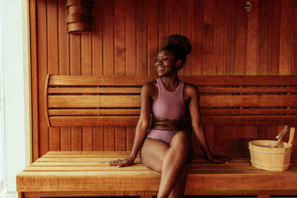 istock Happy woman in sauna. 1428514150