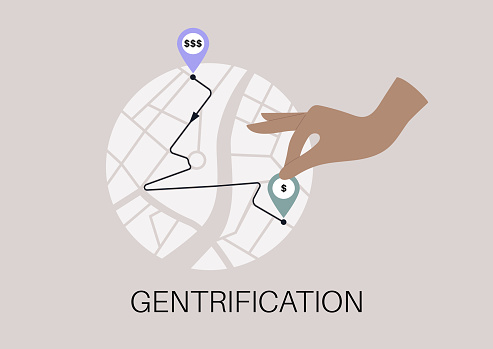 Gentrification, a hand moving a geo tag from one neighbourhood to another, cheaper location