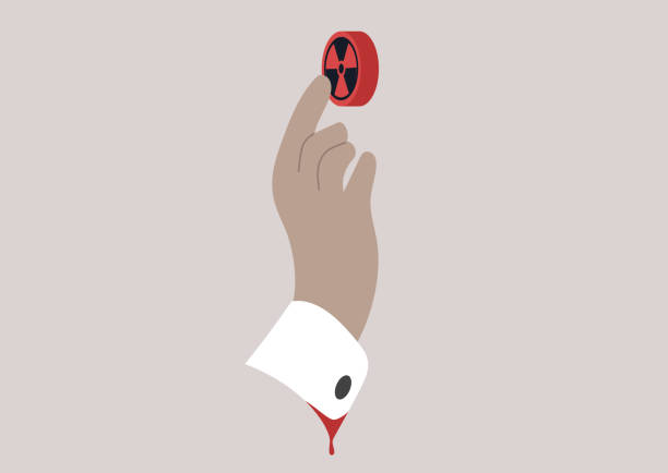 ilustraciones, imágenes clip art, dibujos animados e iconos de stock de la mano de un dictador manchada de sangre presionando un botón rojo de la bomba nuclear, horrores de la guerra moderna - war globe symbols of peace weapon