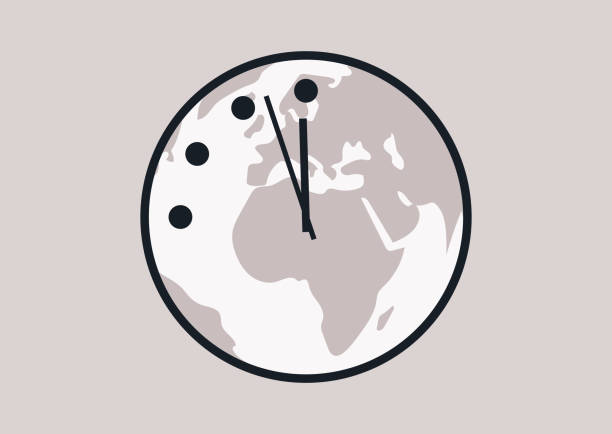 ilustraciones, imágenes clip art, dibujos animados e iconos de stock de el reloj del juicio final es una metáfora que advierte al público sobre lo cerca que estamos de destruir el mundo con tecnologías peligrosas de nuestra propia creación. - bomb exploding vector problems