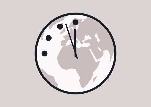 часы судного дня — это метафора, которая предупреждает общественность о том, насколько мы близки к разрушению мира с помощью опасных техно� - doomsday clock stock illustrations