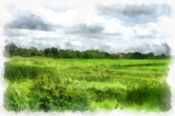 istock meadows and mountains forest clouds and sky watercolor style illustration impressionist painting. 1428524338