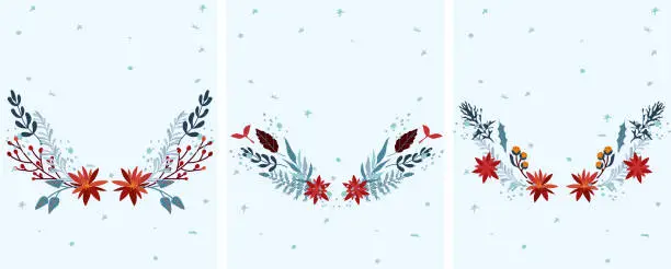 Vector illustration of Christmas wreaths with red berries, colorful leaves, pine branches, winter flowers and other. Magical winter wreaths. Perfect for greeting cards, posters, banners.Vector.
