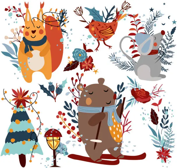 Vector illustration of Winter compositions funny squirrel, a cute bear is skiing, mouse in a scarf, Christmas tree, bird and other. Cute winter animals for greeting cards, poster, postcard, banner. Vector