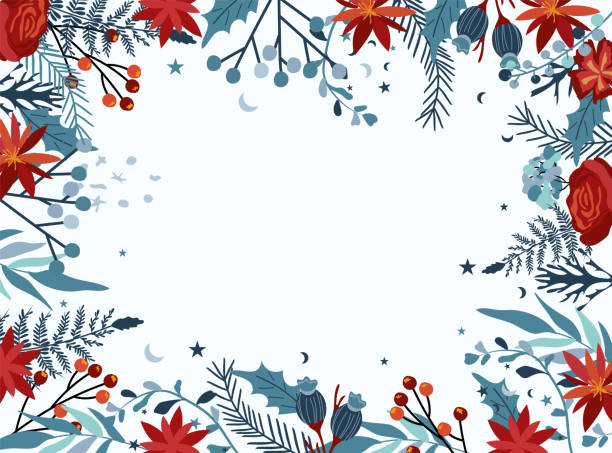 明るい花ポインセチア、バラ、葉、赤い果実、トウヒの枝とのクリスマスの境界線。グリーティングカード、ポスター、バナーに最適な冬の構図。ベクトル。 - snow leaf branch winter点のイラスト素材／クリップアート素材／マンガ素材／アイコン素材