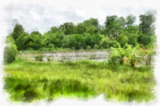 istock meadows and mountains forest clouds and sky watercolor style illustration impressionist painting. 1428525045