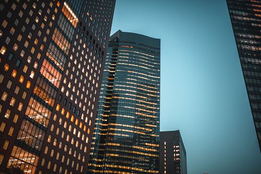 Skyscrapers and corporate offices in Tokyo. Elegant and modern design. Beautiful architectural view at night.