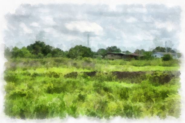 istock meadows and mountains forest clouds and sky watercolor style illustration impressionist painting. 1428528884