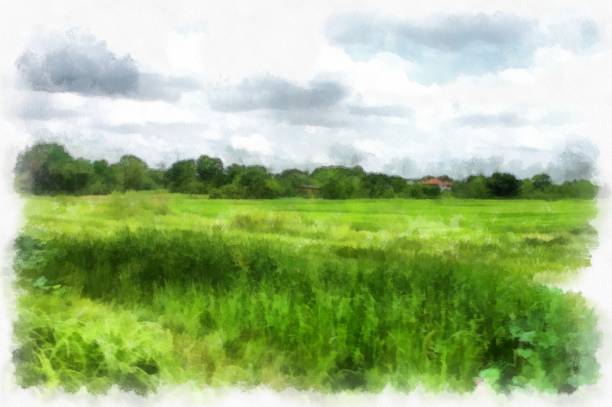istock meadows and mountains forest clouds and sky watercolor style illustration impressionist painting. 1428529572