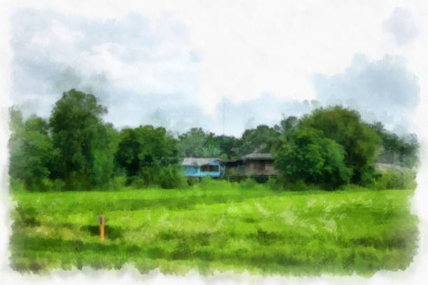 istock meadows and mountains forest clouds and sky watercolor style illustration impressionist painting. 1428530182