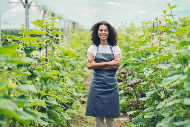 Smiling young woman in a vegetable garden stock photo