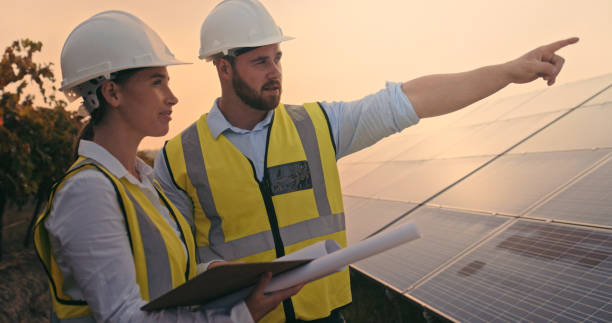 istock Solar energy, planning architecture and architect for sustainable electricity, building eco friendly plant and safety with maintenance of solar panel. Engineering for photovoltaic tech in field 1428532187