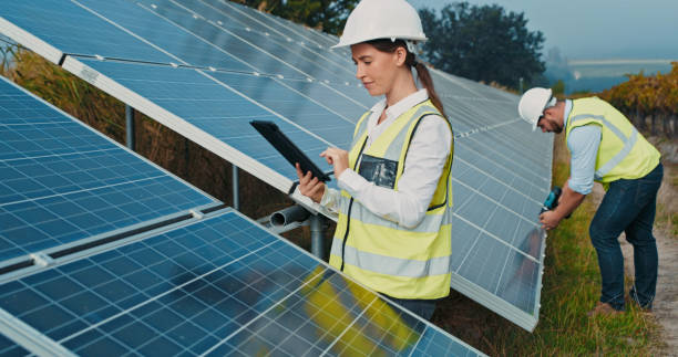 istock Agriculture sustainability, solar panel and engineer workers working on a farm on clean electricity. Sustainable energy, eco friendly and builder team manager and employee with digital ecology data 1428532199