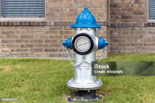 Grey And Blue Fire Hydrant On The Grass Int He Yard In Residential Complex With Brick Wall Of The Building On Background Stock Photo - Download Image Now