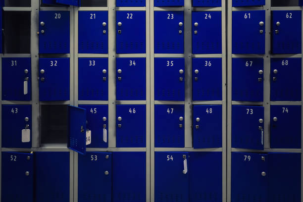 istock Blue colored steel storage lockers is open and closed 1428532691