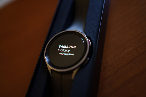 Granada, Andalusia, Spain - September 28th, 2022: New Samsung Watch 5 Pro in its box. Samsung logo on the display.