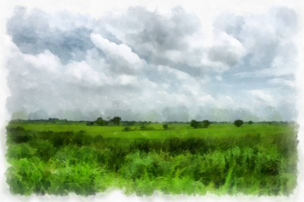 istock meadows and mountains forest clouds and sky watercolor style illustration impressionist painting. 1428533152