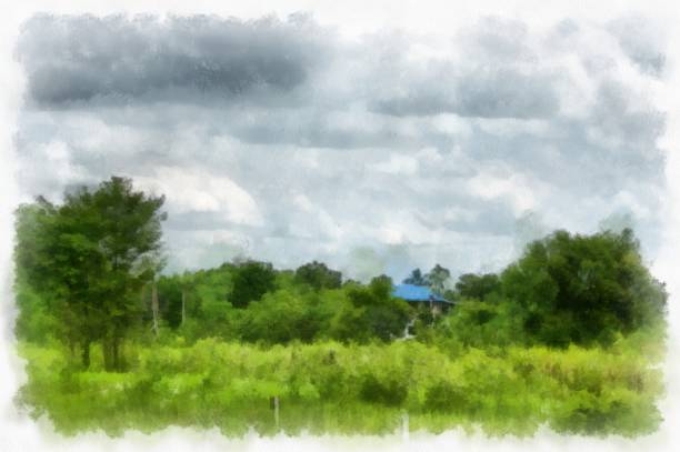 istock meadows and mountains forest clouds and sky watercolor style illustration impressionist painting. 1428533209