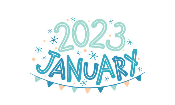 ilustrações, clipart, desenhos animados e ícones de logotipo de janeiro de 2023 com flocos de neve desenhados à mão e guirlanda. - january