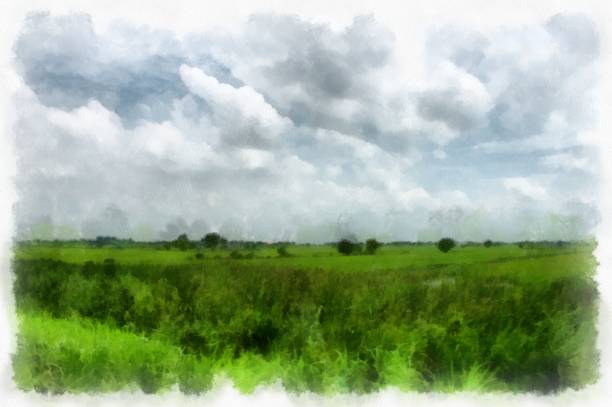 istock meadows and mountains forest clouds and sky watercolor style illustration impressionist painting. 1428533330