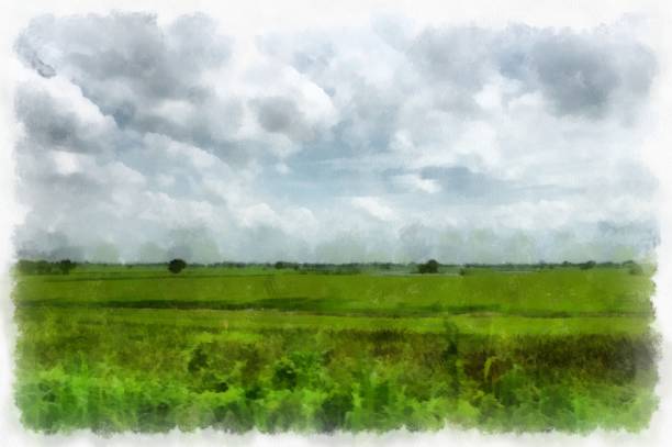 istock meadows and mountains forest clouds and sky watercolor style illustration impressionist painting. 1428534476