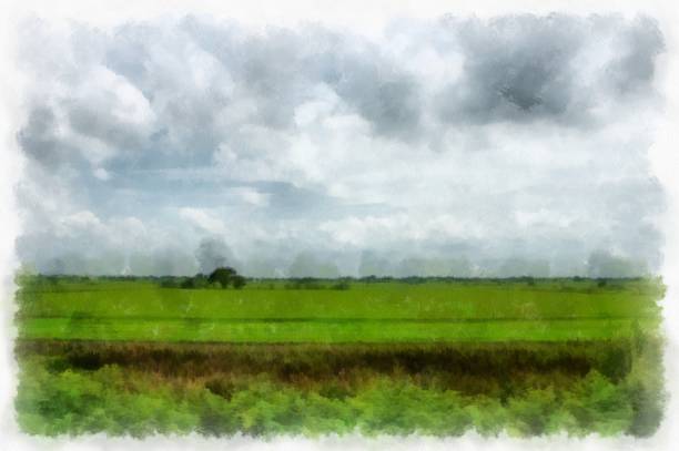 istock meadows and mountains forest clouds and sky watercolor style illustration impressionist painting. 1428534499