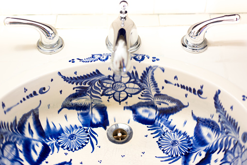 Antique Blue and White Bath Sink Close-Up