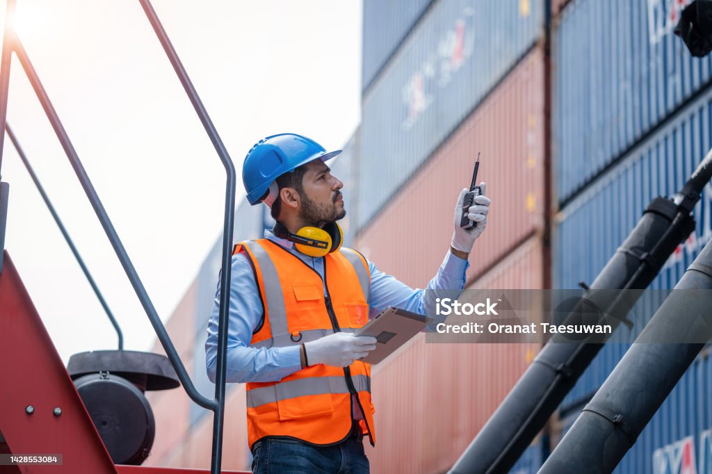 Container Field Work Container Yard Worker Checking Container At Container Yard Warehouse ...