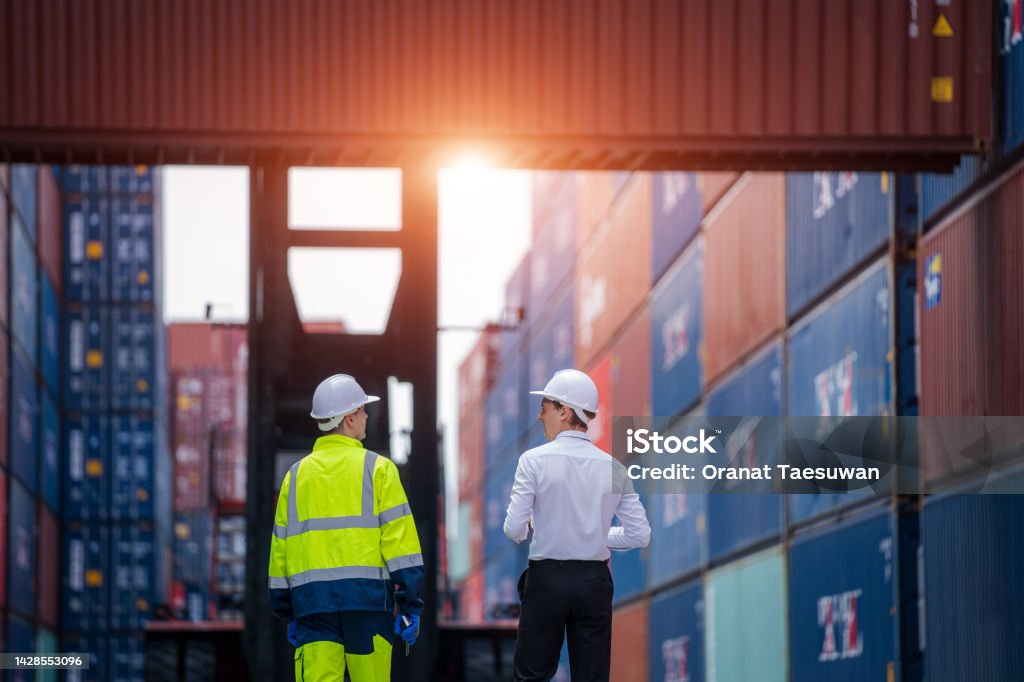 Engineer Container Cargo With Worker Working And Checking Stock Into ...